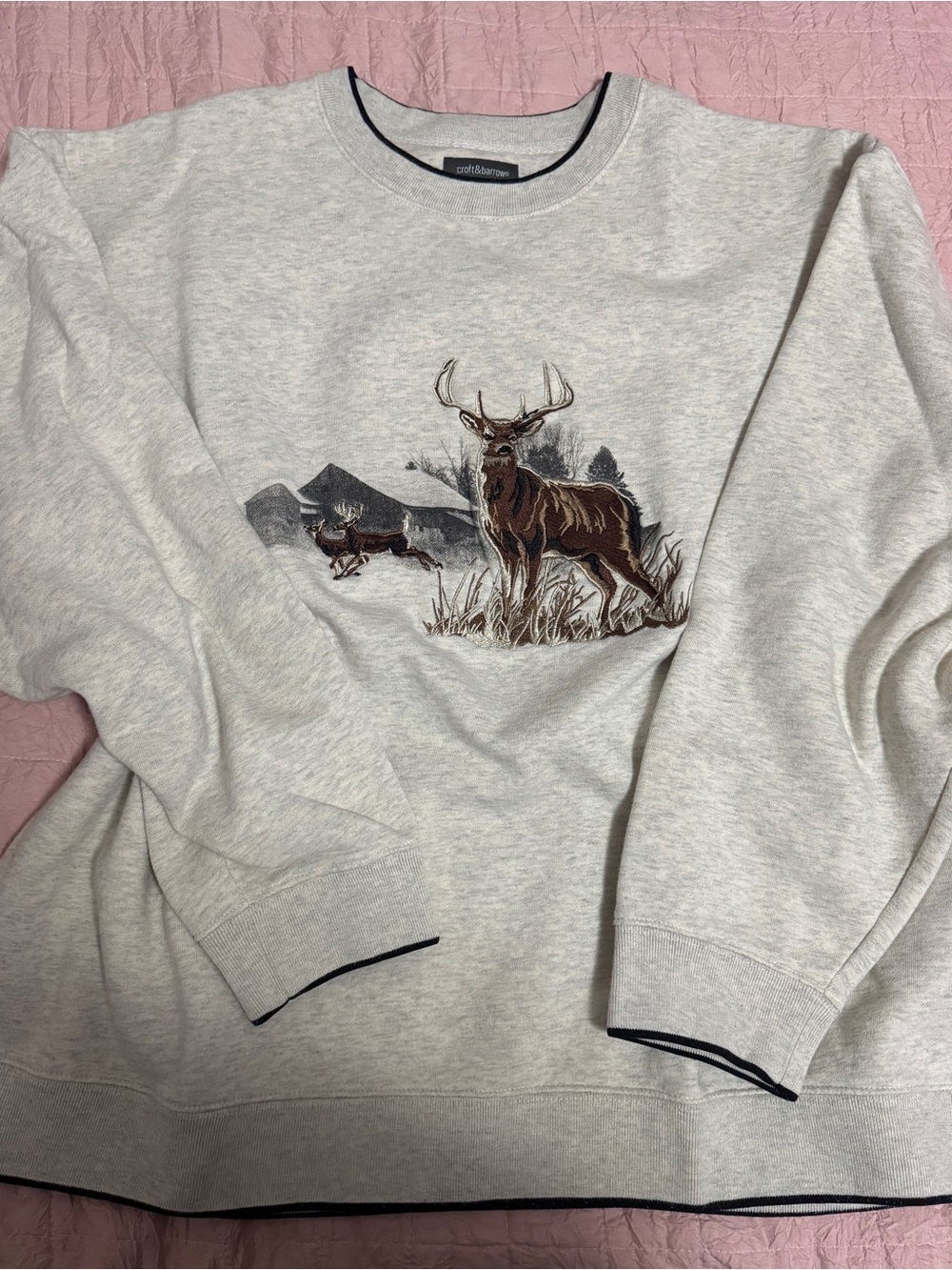 Vintage croft & barrow Heather Gray Crewneck Sweater with Brown Deer Embroidery